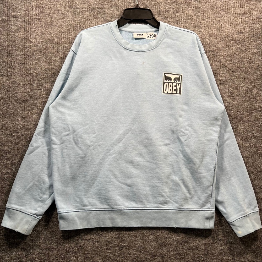 Obey Mens Medium Blue Graphic Box Logo Crewneck Sweatshirt Streetwear